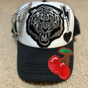 Black and White Cap with Tiger and Cherry Patches